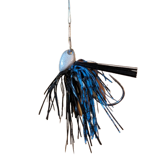 Black and blue weedless lead free jig for bass fishing