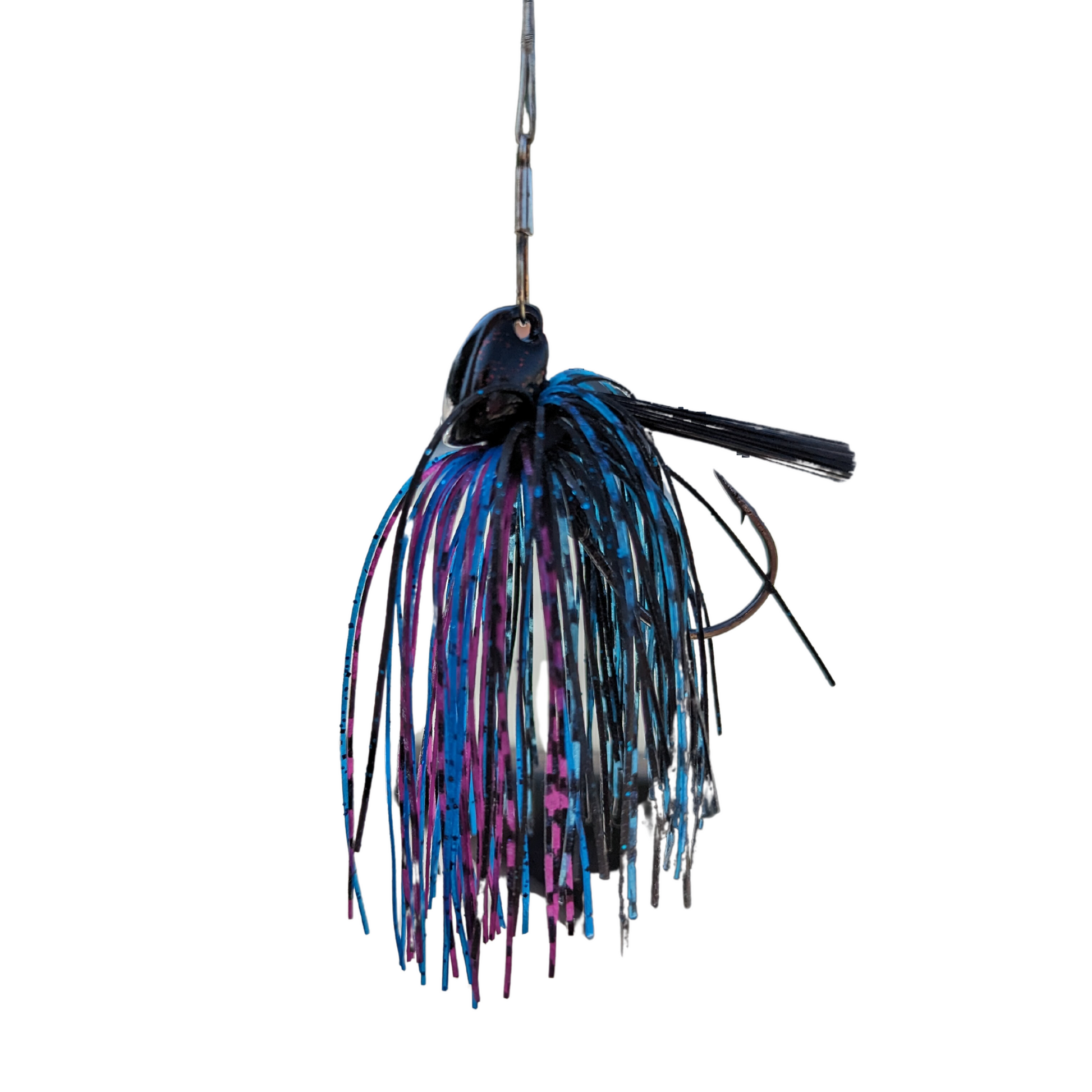Bright color blue black purple jig with linker skirt for bass fishing with weed guard and hidden eye