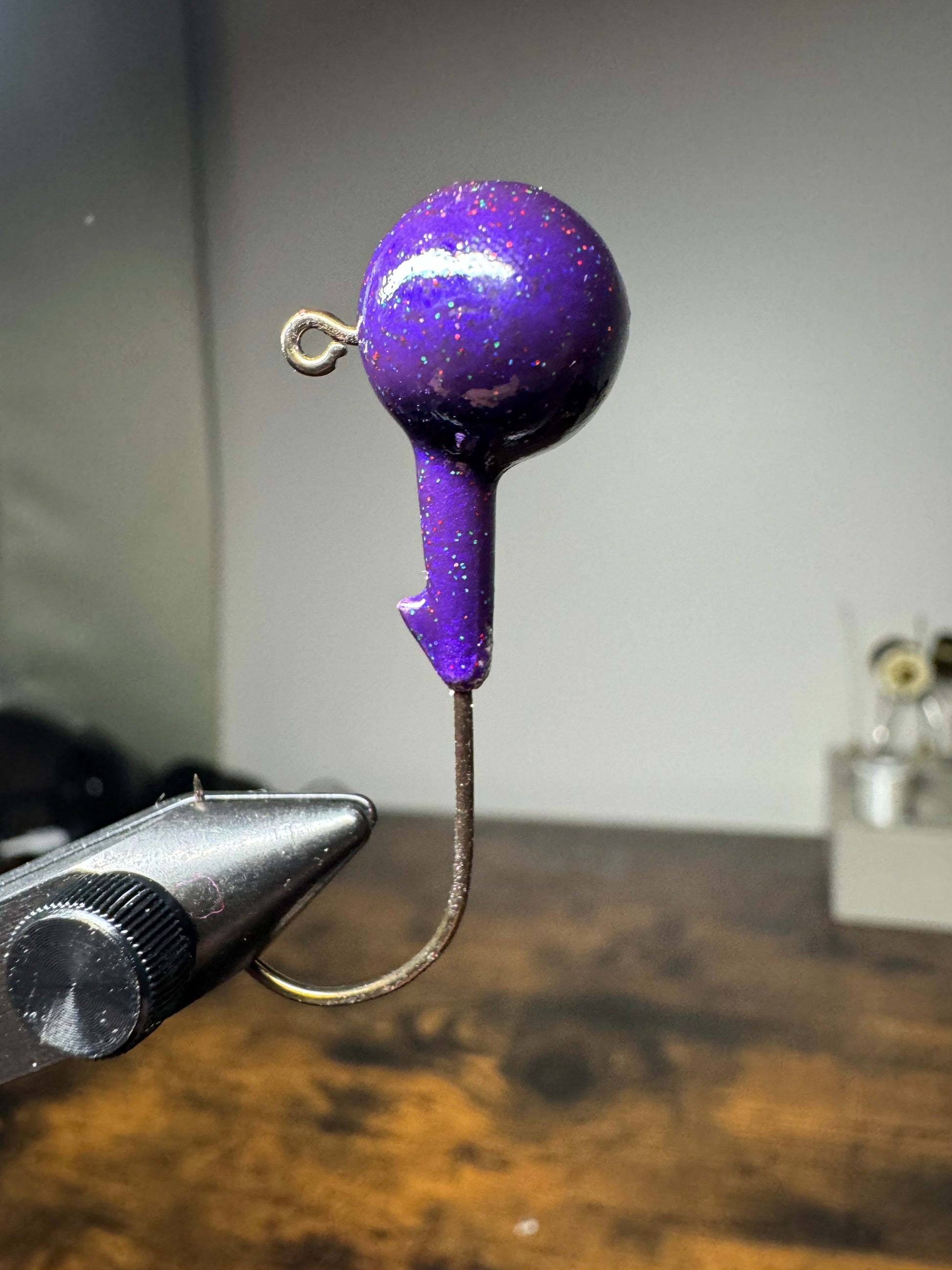 Purple with neon color lead free jig for bass and walleye with bait keeper and clean hook eye