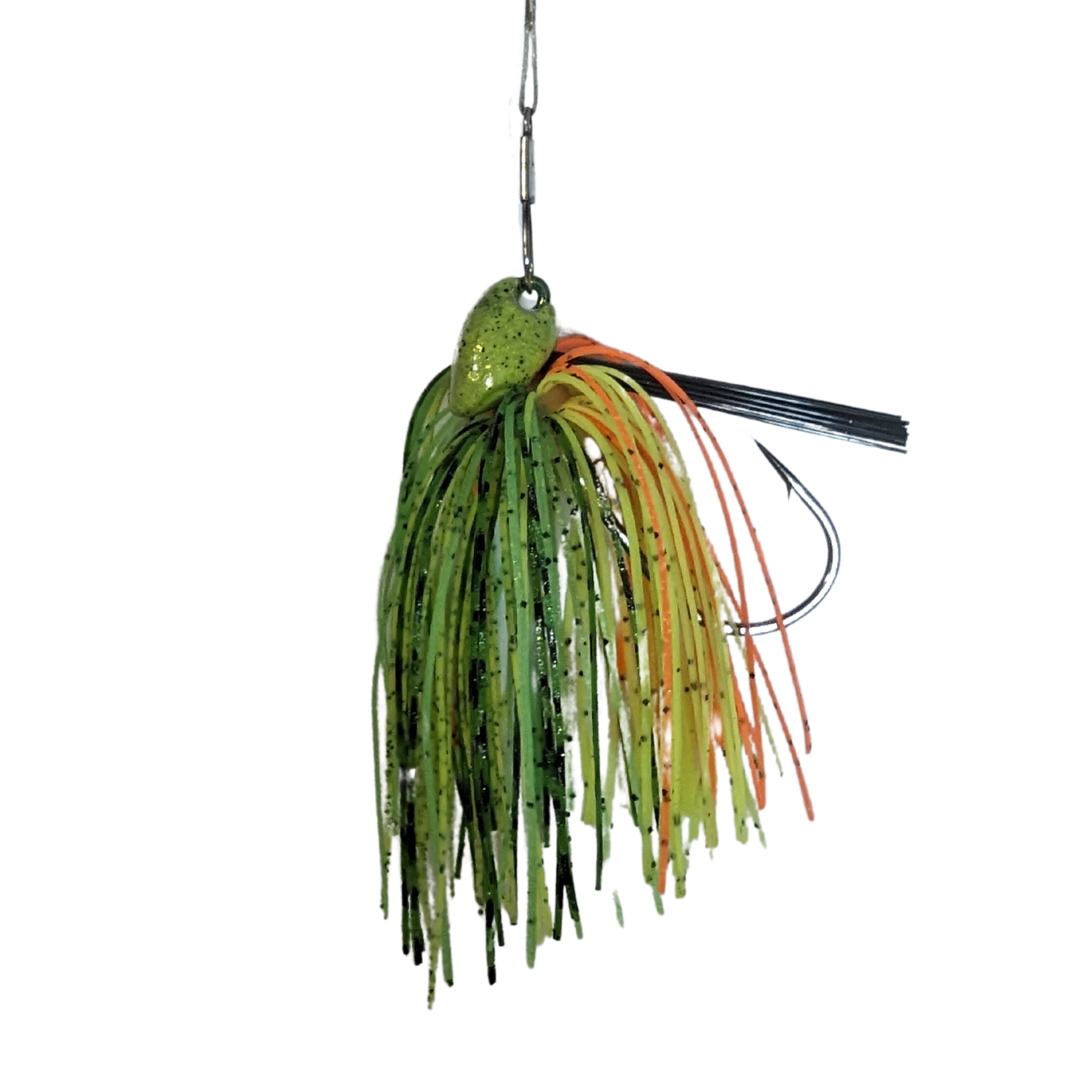 Bright color green jig with firetiger skirt for bass fishing with weed guard and hidden eye