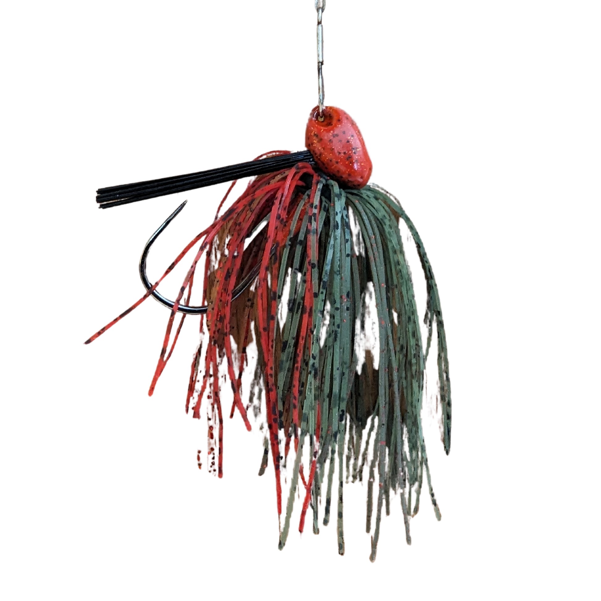 Bright colored red jig fire craw colored hidden eye with brush guard