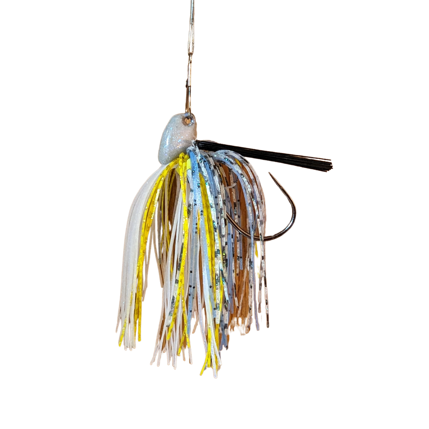 Lead free blue yellow and white shiny weedless jig used for bass fishing