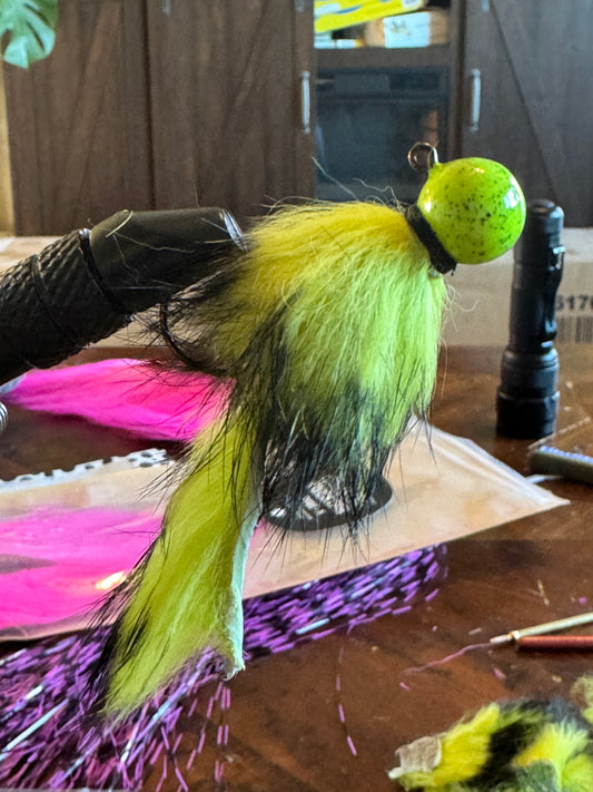 chartreuse head jig hand tied with rabbit and squirrel zonkers with green and black fur lead free