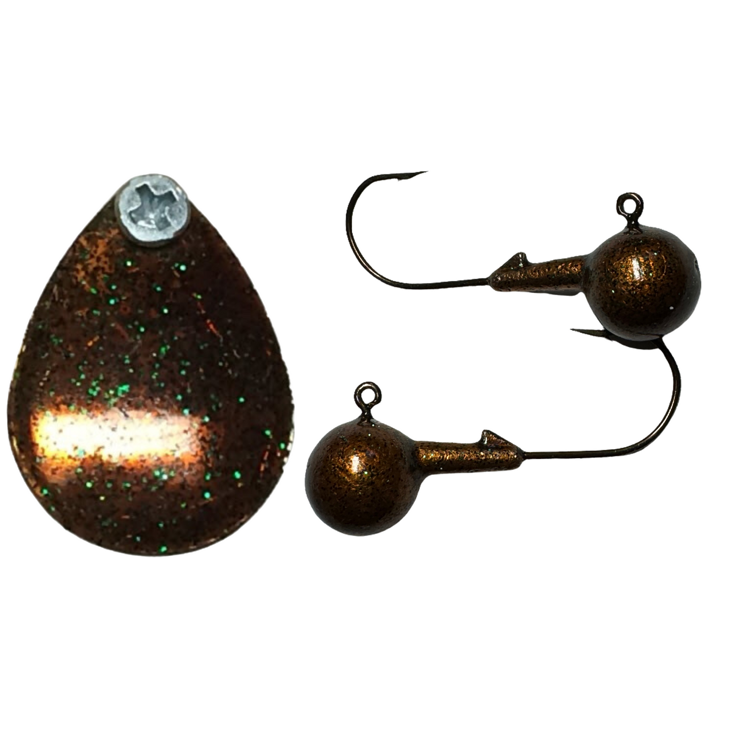 Round ball jig with bait keeper lead free copperhead color bronze and brown