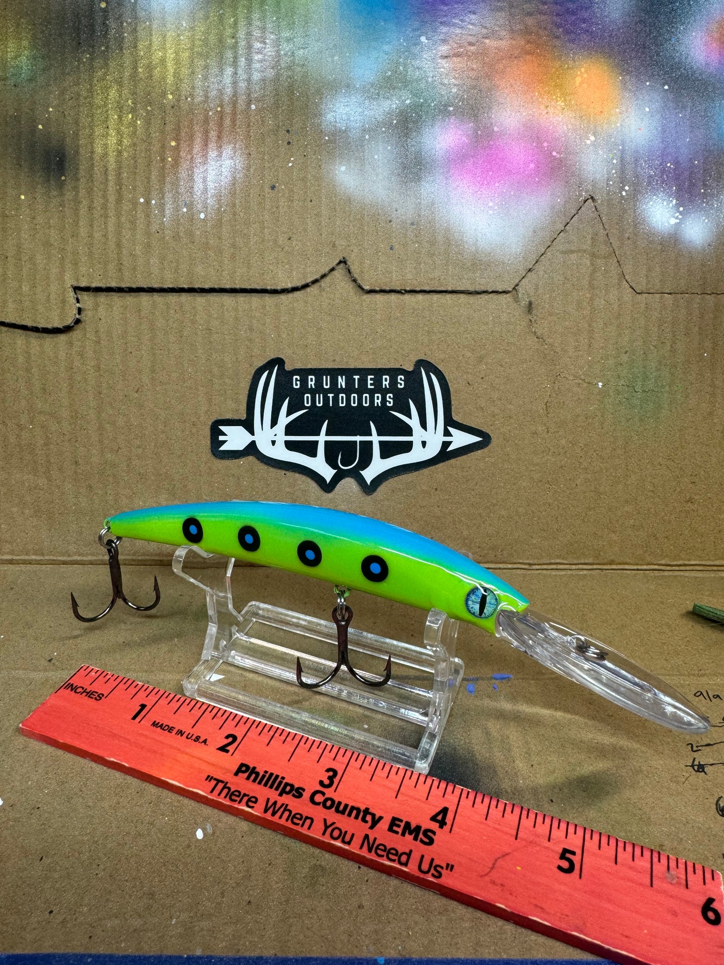 Bright deep walleye diver lure with lime green and sky blue colors and black dots