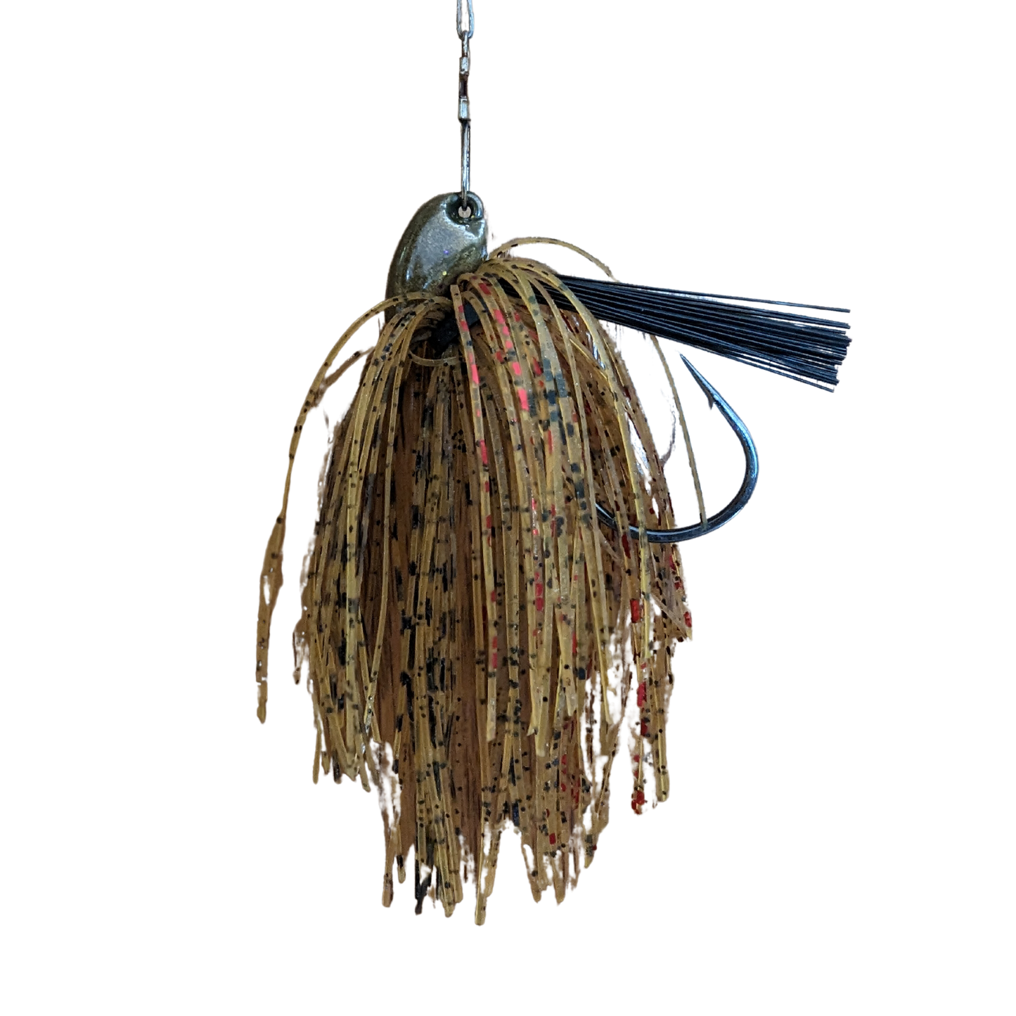 Dark colored jig pumpkin colored for bass fishing hidden eye and brush guard